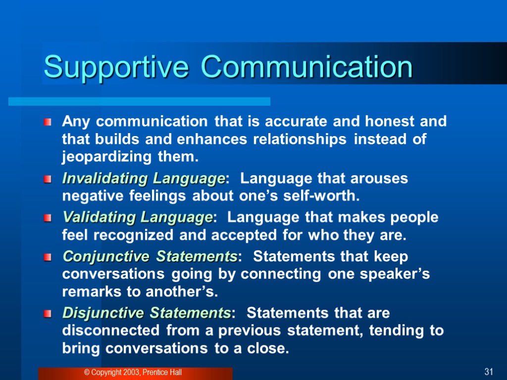 © Copyright 2003, Prentice Hall 31 Supportive Communication Any communication that is accurate and